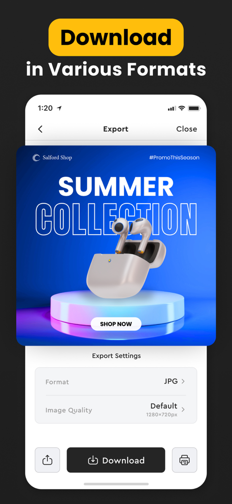 Advertisement Maker, Create Ad - Mobile app interface showing export settings for a summer collection advertisement with download and print options