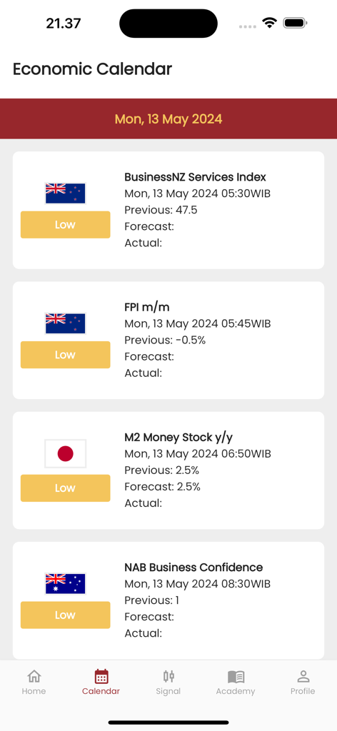 Orbi Trade App - Economic calendar interface of the Orbi Trade App showing upcoming global financial events