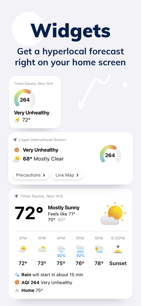 Tomorrow.io: Weather Forecast - Tomorrow.io app screenshot showing various weather widgets for air quality index, hourly temperature, and minute-by-minute rain alerts on a home screen.