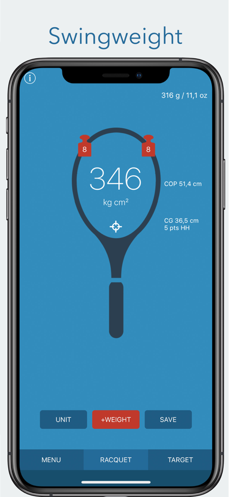 RacquetTune - String Tension - La interfaz de una aplicación móvil que muestra los cálculos del peso de swing y el punto de balance para una raqueta de tenis.