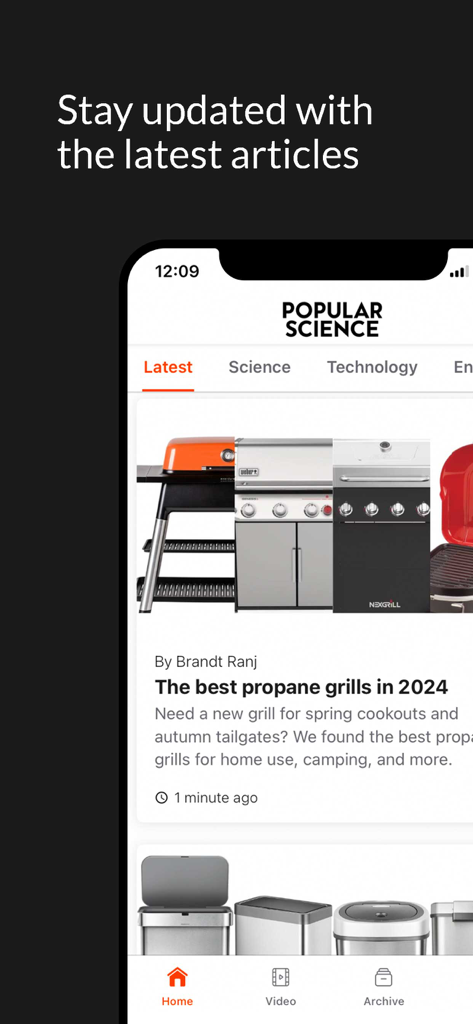 Popular Science - ポピュラーサイエンスのモバイルアプリインターフェース。最新の科学技術記事のフィードを表示しています。