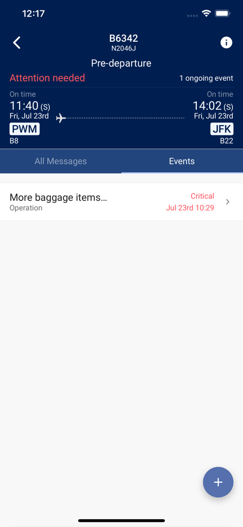 Frequency Communications app interface showing a pre-departure flight from PWM to JFK with a critical baggage alert under the events tab