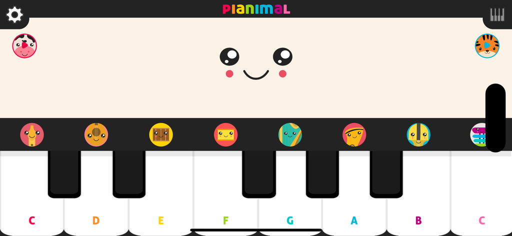 Pianimal Musical app interface featuring a colorful keyboard with musical notes and cute instrument icons