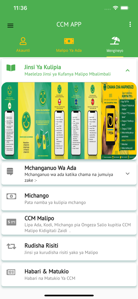 CCM_App - Main menu of the CCM App showing Swahili language options for membership fee payments and news