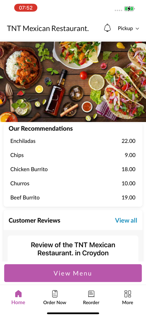 TNT Mexican Restaurant - Home screen of the TNT Mexican Restaurant app showing menu recommendations and a vibrant food image