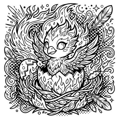 Discover this captivating Pop Art coloring page featuring a charming phoenix hatchling bursting from its egg. With bold outlines and dynamic patterns, it's a vibrant celebration of rebirth and artistic expression.