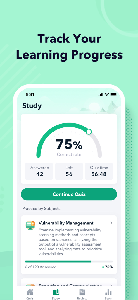 CompTIA CySA plus exam prep app dashboard showing study progress and correct rate