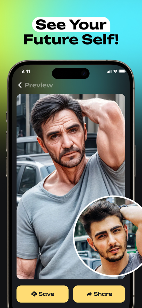 Make me Old : Old Aging Face - Smartphone screen showing an aging filter app transforming a young man's face into an older version.