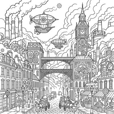 Unleash your creativity with this intricate Steampunk City Fog coloring page, where Victorian architecture meets industrial fantasy. Discover a world of gears, airships, and atmospheric streets waiting for your unique artistic touch.