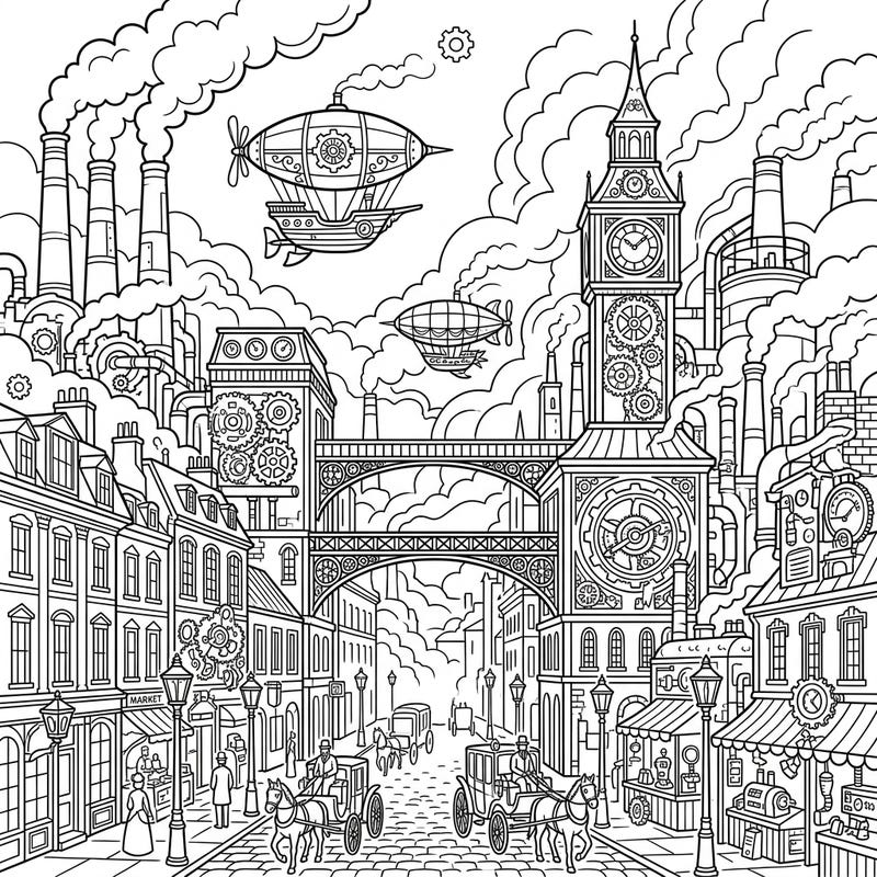 Unleash your creativity with this intricate Steampunk City Fog coloring page, where Victorian architecture meets industrial fantasy. Discover a world of gears, airships, and atmospheric streets waiting for your unique artistic touch.