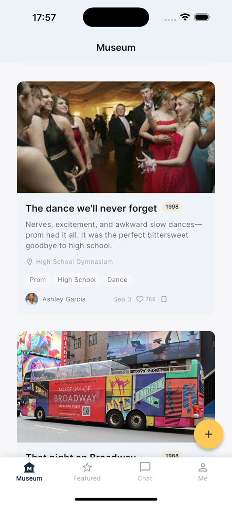 Interface of the Memo app showing a museum feed with nostalgic photo stories from 1998 and 1988