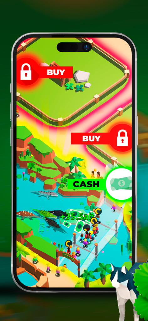 Vista isométrica 3D de un juego de gestión de zoológico con recintos de cocodrilos y botones de expansión del parque