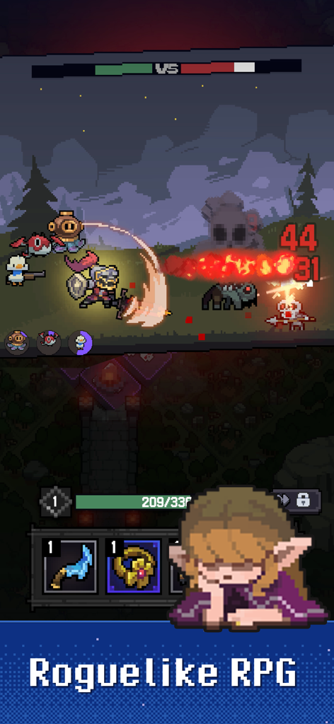 Heroll : Dice Roguelike - Cena de batalha em arte pixelada em Heroll Dice Roguelike mostrando combate de herói e inventário