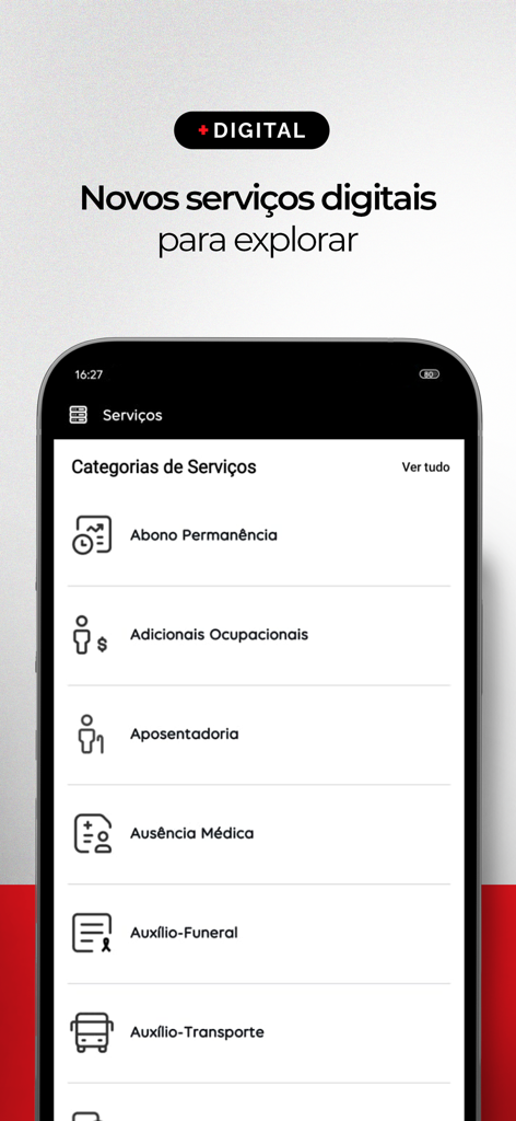 Una lista de categorías de servicios digitales para empleados estatales de São Paulo en la aplicación móvil SOU.SP.GOV.BR