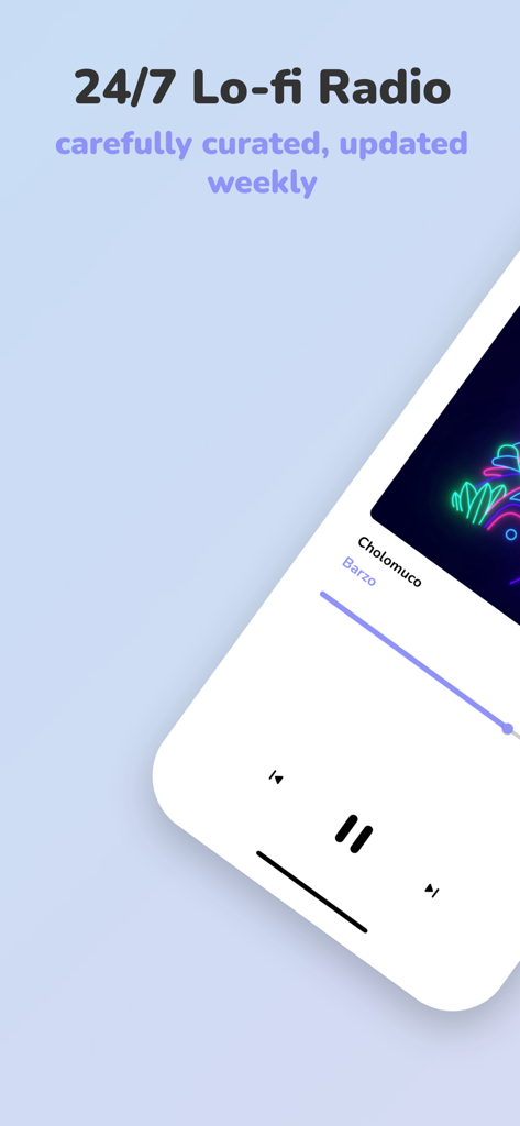 Lo-Fi Clouds Radio - Lo-Fi Clouds Radio mobile app interface featuring a 24/7 music player with curated beats