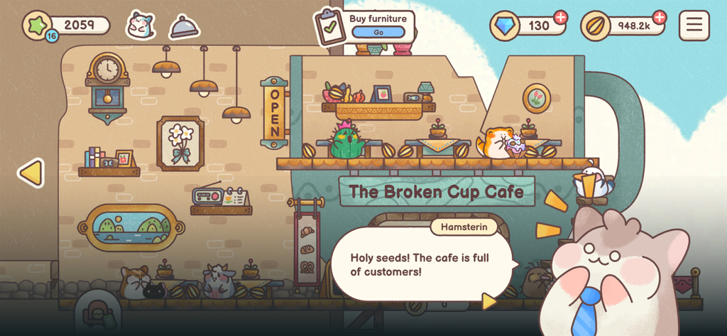 Hamster Inn - Uma cena de café aconchegante no Hamster Inn mostrando hóspedes animais em mesas e uma bolha de diálogo