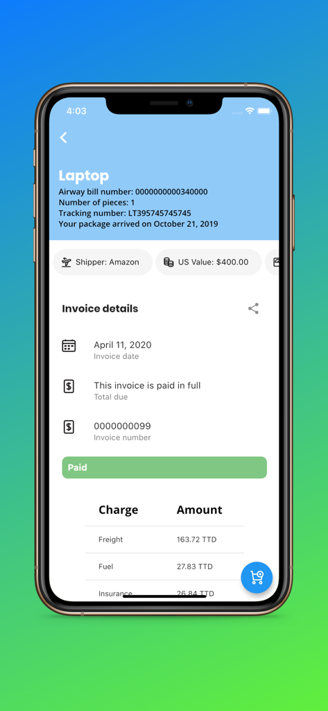 RPM Express Couriers - RPM Express Couriers mobile app interface showing detailed package invoice information and paid status