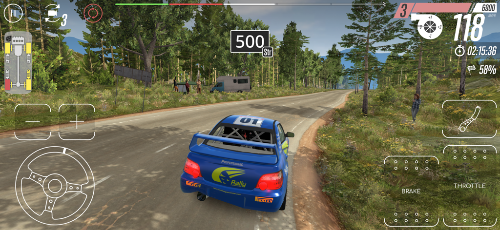 A blue rally car racing on a winding road in the CarX Rally mobile game.