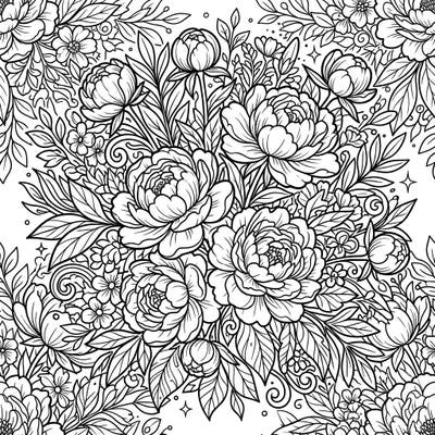 Dive into the intricate beauty of this peony bouquet coloring page, featuring a rich, full-scene floral composition. It's perfect for anyone who loves detailed botanical designs and a satisfying coloring experience.