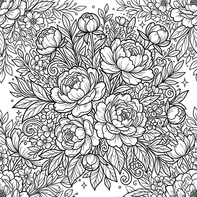 Dive into the intricate beauty of this peony bouquet coloring page, featuring a rich, full-scene floral composition. It's perfect for anyone who loves detailed botanical designs and a satisfying coloring experience.