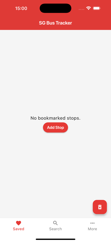 Empty saved stops screen in the SG Bus Tracker app with a button to add a bus stop