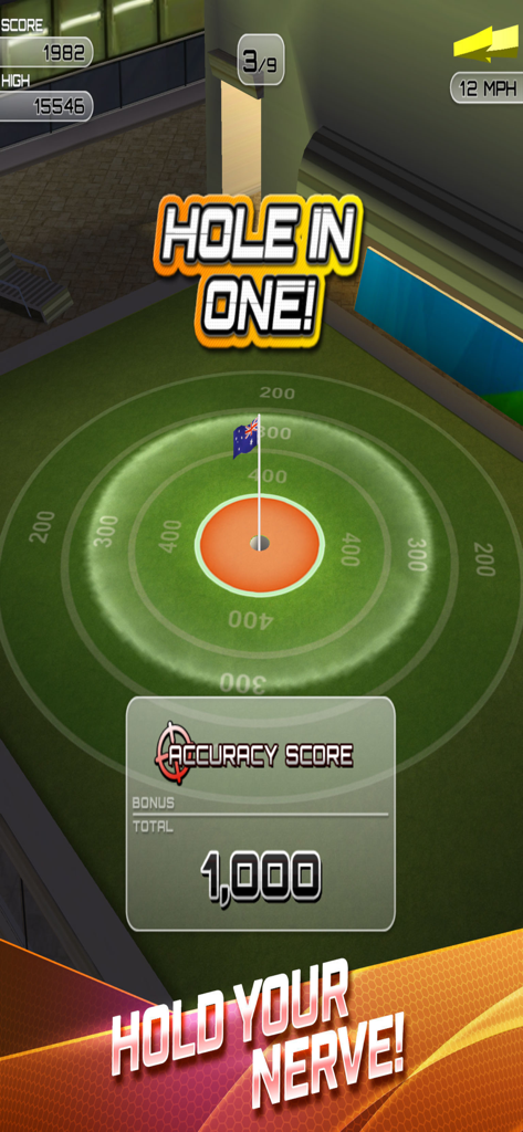Flick Golf Extreme - A hole in one achievement screen in the Flick Golf Extreme mobile game showing accuracy score points