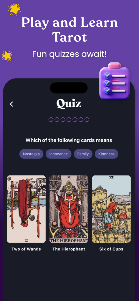 A mobile app interface displaying a tarot card quiz titled Play and Learn Tarot featuring various card meanings and illustrations.