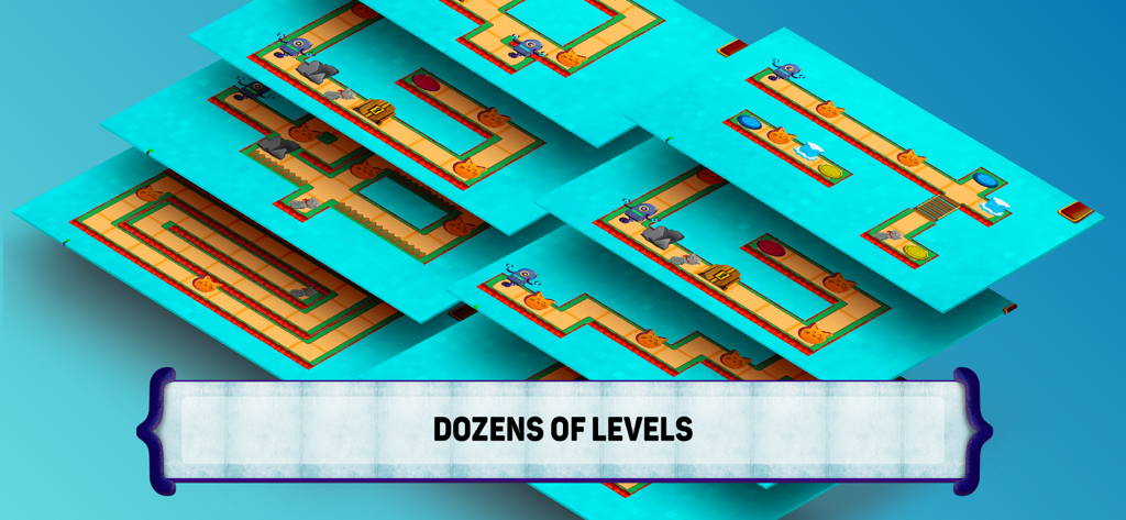 A stack of isometric game maps showing various levels in the Code the Robot educational app