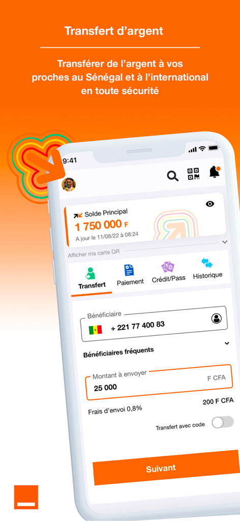 Orange Money Senegal app interface showing the money transfer feature to send funds securely to relatives