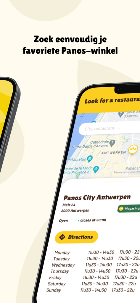 Panos - Pantalla de la app móvil Panos mostrando un mapa localizador de tiendas y horarios de apertura de una panadería en Amberes
