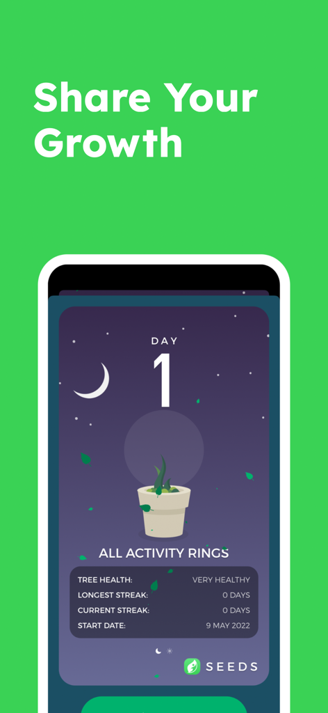SEEDS - Habit Tracker - SEEDS habit tracker sharing screen showing habit stats and a small plant