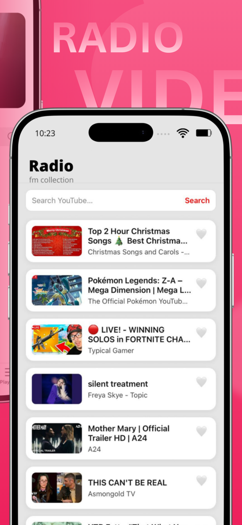 Interface of the Tubidy Fm Offline Music Player showing a search bar and a list of music and video content for playback