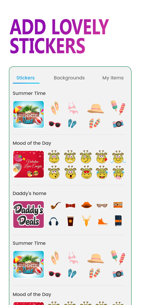 Uma variedade de adesivos temáticos para edição de fotos, incluindo categorias de verão e humor.