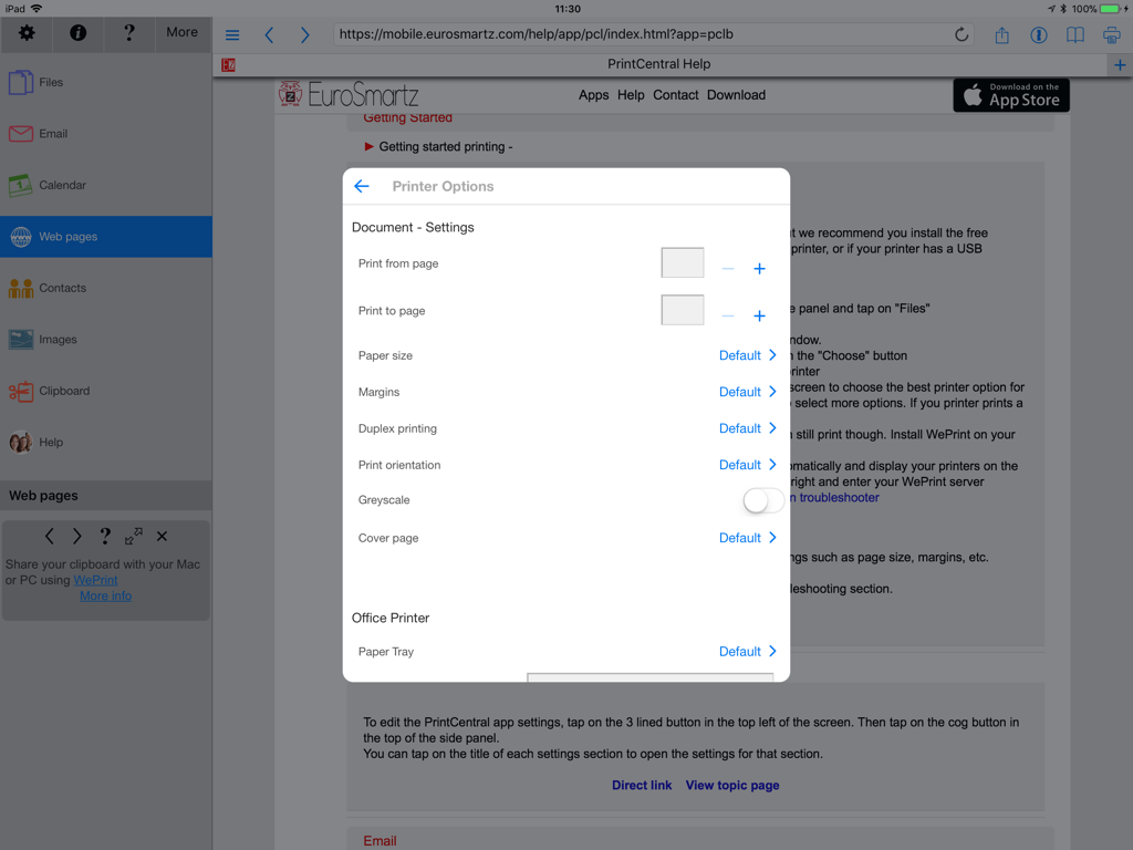 PrintCentral - Interfaz que muestra las opciones de impresión de documentos y la configuración del papel en PrintCentral para iPad.