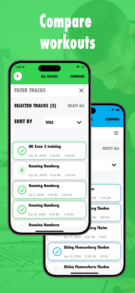 @Tracker: Outdoor GPS & Strava - Mobile interface of the @Tracker app showing a list of running and skiing sessions selected to compare performance metrics