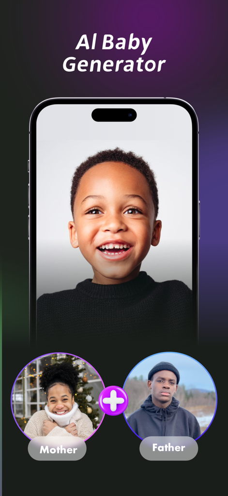 AI Future Baby - Art Generator - A screenshot of the AI Baby Generator app showing a child photo created by combining photos of two parents.