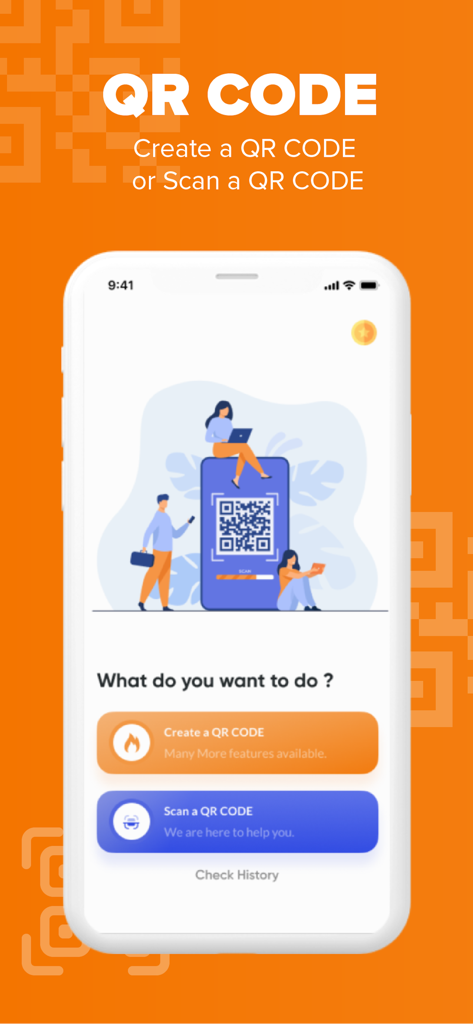 Home screen of the QR code scanner app showing options to create or scan a QR code with an orange and blue interface.