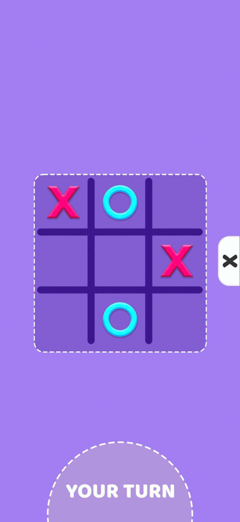 2 Player Challenge: Mini Games - Tic Tac Toe game interface with pink X and cyan O symbols on a purple background