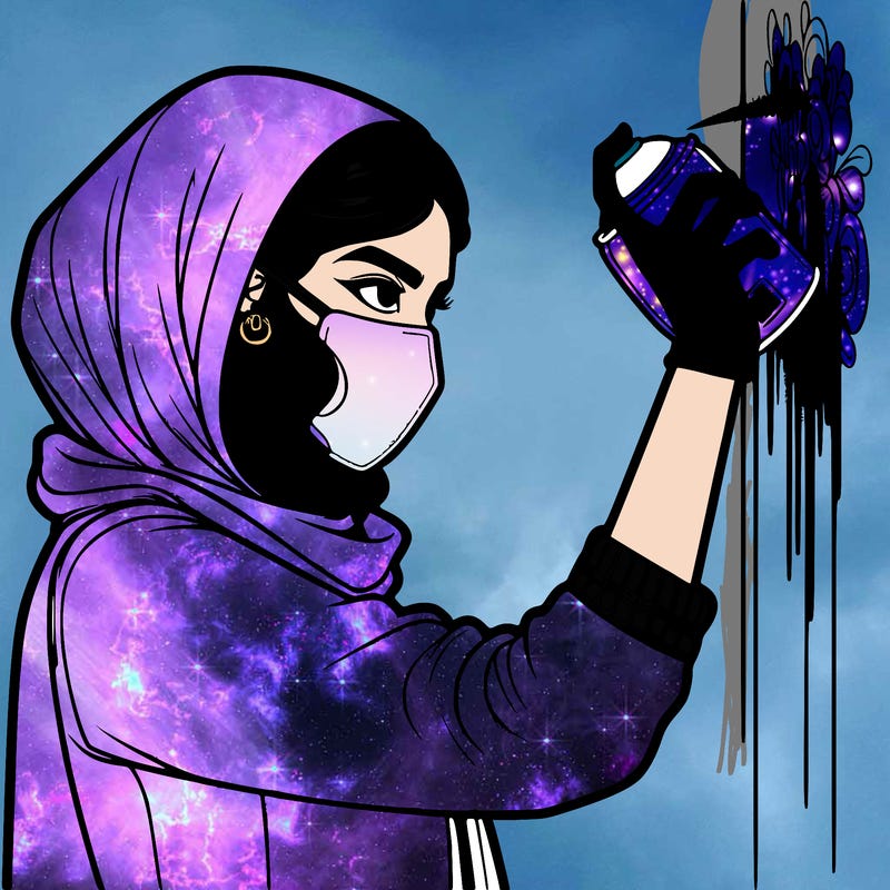 realistic girl with mask spray painting a wall