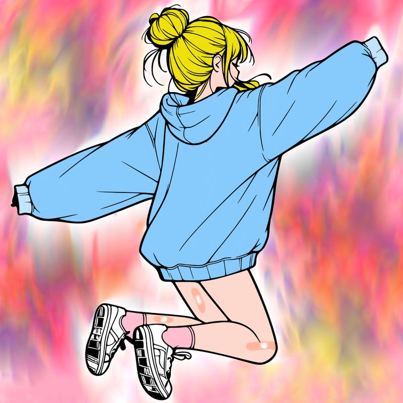 realistic girl jumping with a bun and oversized sweatshirt