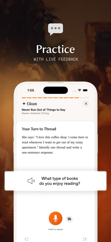 Gleam app screenshot showing an interactive flirting practice lesson with a social threading exercise.