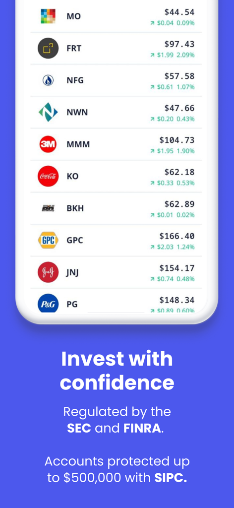 Hapi: Invest in U.S. Stocks - Interfaz de la aplicación Hapi mostrando listados del mercado de valores e información de seguridad regulatoria