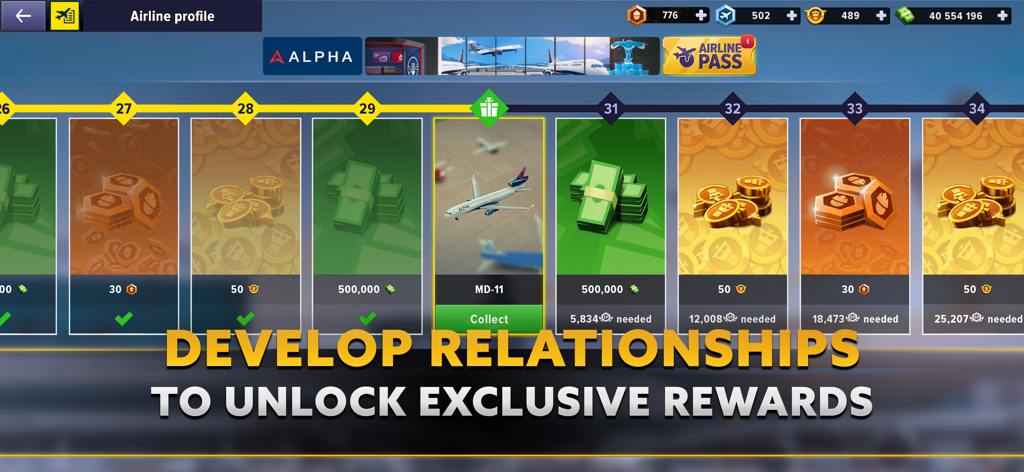 Airport Simulator game menu showing airline pass rewards and aircraft unlocks.