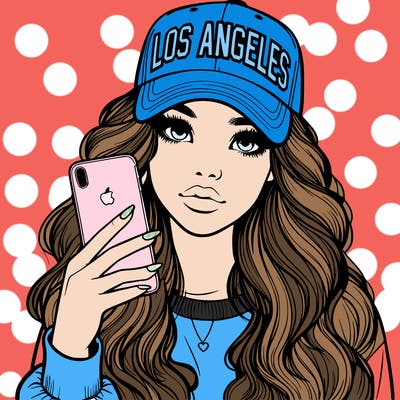 realistic beautiful girl wearing los ángeles cap holding an iphone
