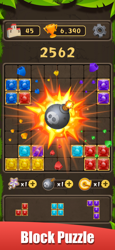Blokus - Block Puzzle Game - ブロクス ブロック パズル ゲーム画面、グリッド上の宝石ブロックをクリアする爆弾の爆発を表示。