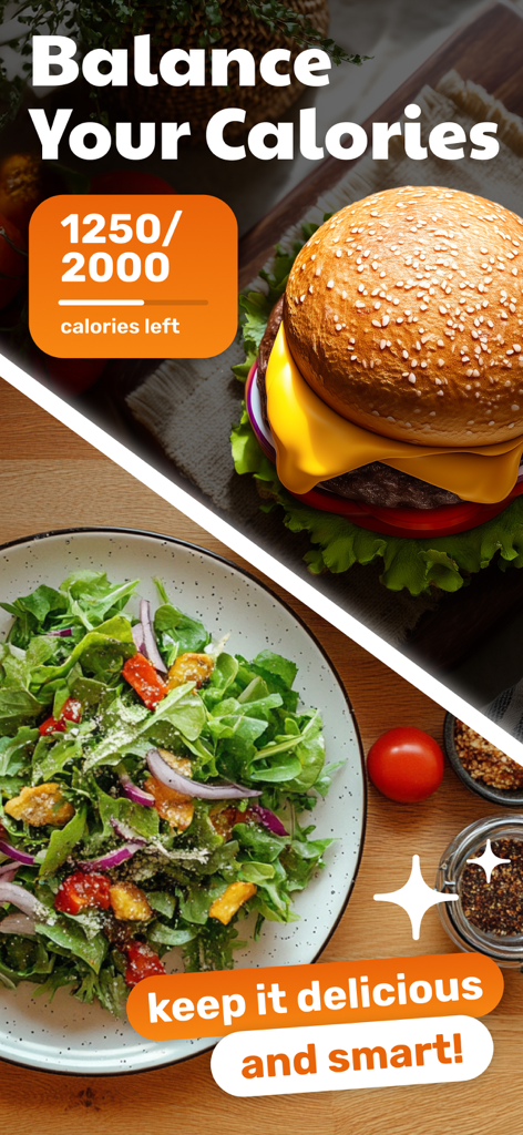 Calorie Counter - Eatwise AI - Uma comparação visual de um hambúrguer e uma salada com uma interface de contador de calorias mostrando o equilíbrio diário.