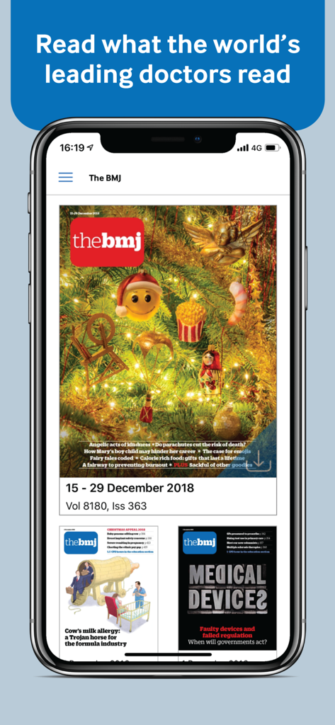 The BMJ - The BMJ app home screen showing digital medical journal issues on a smartphone