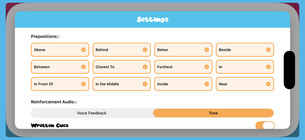 맞춤형 레슨을 위해 켜거나 끌 수 있는 다양한 공간 전치사를 보여주는 Preposition Remix 앱의 설정 메뉴.