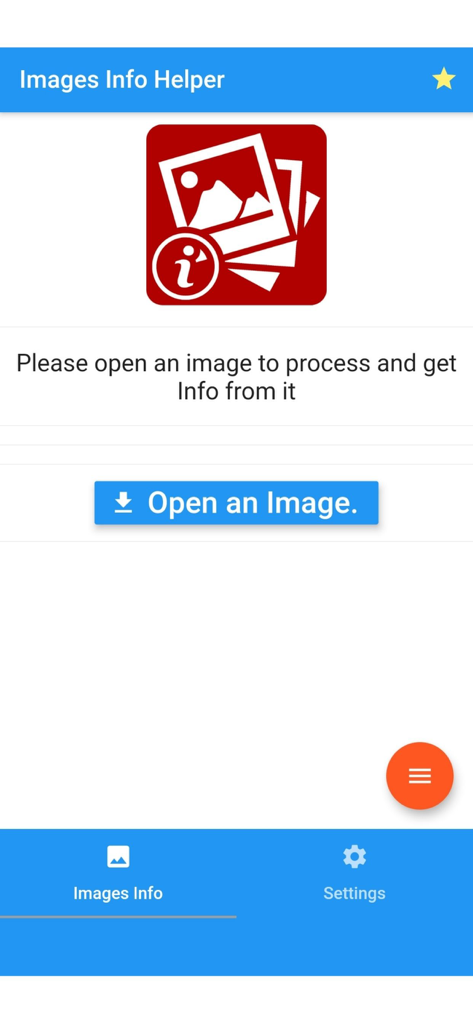 Read Image Info EXIF - Home screen of the Read Image Info EXIF app with an Open an Image button to view photo metadata