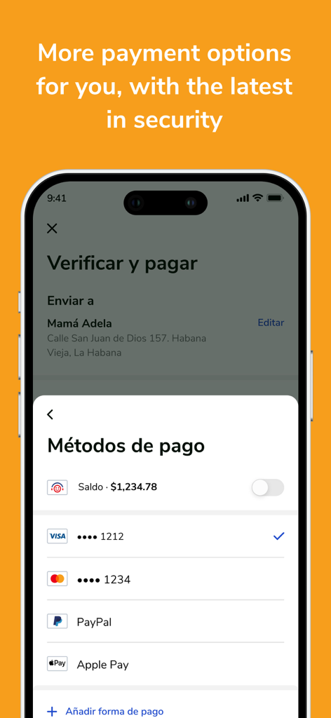 Cuballama has it all - Sichere Zahlungsmethoden in der Cuballama-App zum Senden von Unterstützung an die Familie in Kuba.